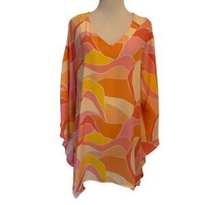 Belle by Kim Gravel Woven Aloha Poncho Womens XL Sunshine Waves Pink Flowy Boho